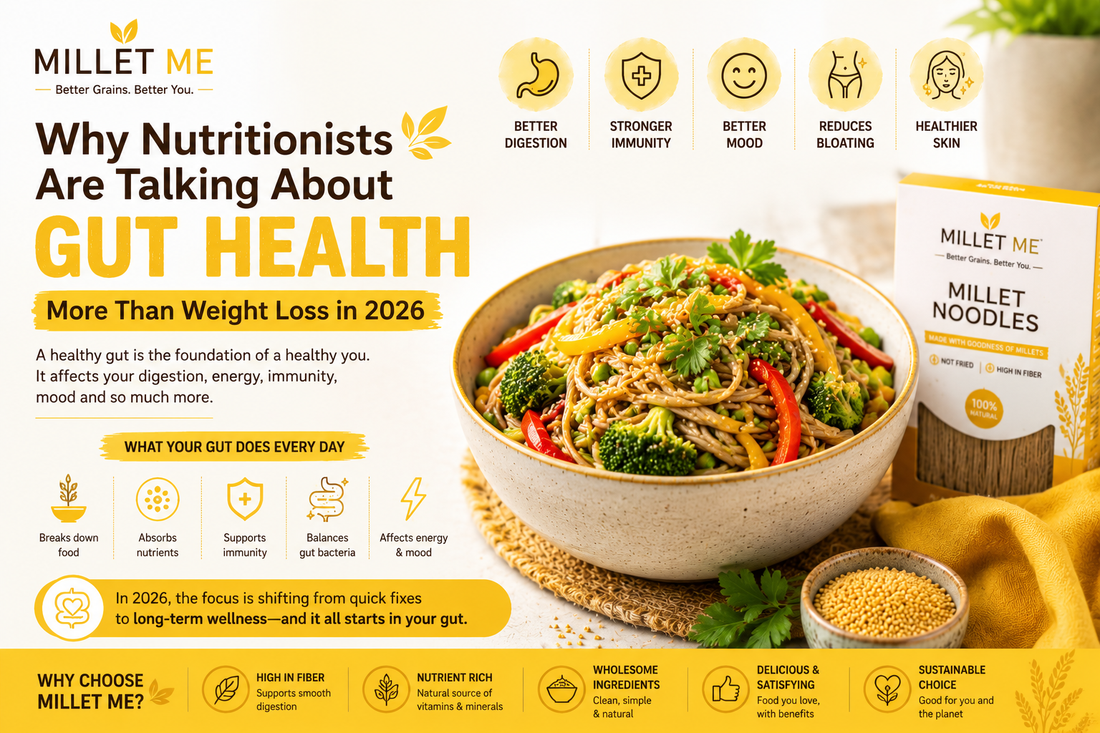 A colorful infographic by Millet Me promoting millet noodles as a gut health food, highlighting benefits like better digestion, immunity, and mood.